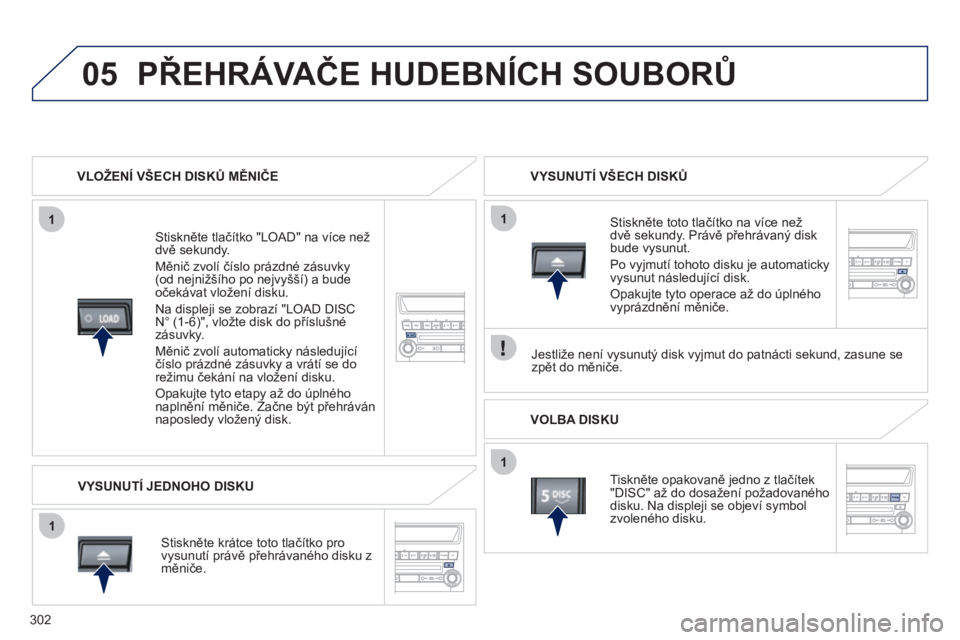 PEUGEOT 4008 2012  Návod na použití (in Czech) 302
05
1
1
1
1
PŘEHRÁVAČE HUDEBNÍCH SOUBORŮ
VLOŽENÍ VŠECH DISKŮ MĚNIČE  
   
Stiskněte tlačítko "LOAD" na více než 
dvě sekundy.
  Měnič zvolí číslo prázdné zásuvky 
(od nejni