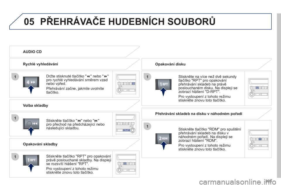 PEUGEOT 4008 2012  Návod na použití (in Czech) 303
05
11
1
1
1
PŘEHRÁVAČE HUDEBNÍCH SOUBORŮ
 
Opakování disku
   
Stiskněte na více než dvě sekund
ytlačítko "RPT" pro opakovánípřehrávání skladeb na právě poslouchaném disku. N