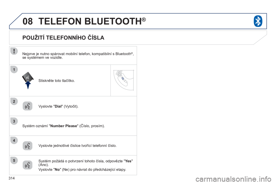 PEUGEOT 4008 2012 Návod na použití (in Czech) 314
08
2
3
1
4
5
TELEFON BLUETOOTH®
Vyslovte " Dial" (Vytočit).
Systém oznámí "Number Please
" (Číslo, prosím).
POUŽITÍ TELEFONNÍHO ČÍSL PEUGEOT 4008 2012 Návod na použití (in Czech) 314
08
2
3
1
4
5
TELEFON BLUETOOTH®
Vyslovte " Dial" (Vytočit).
Systém oznámí "Number Please
" (Číslo, prosím).
POUŽITÍ TELEFONNÍHO ČÍSL