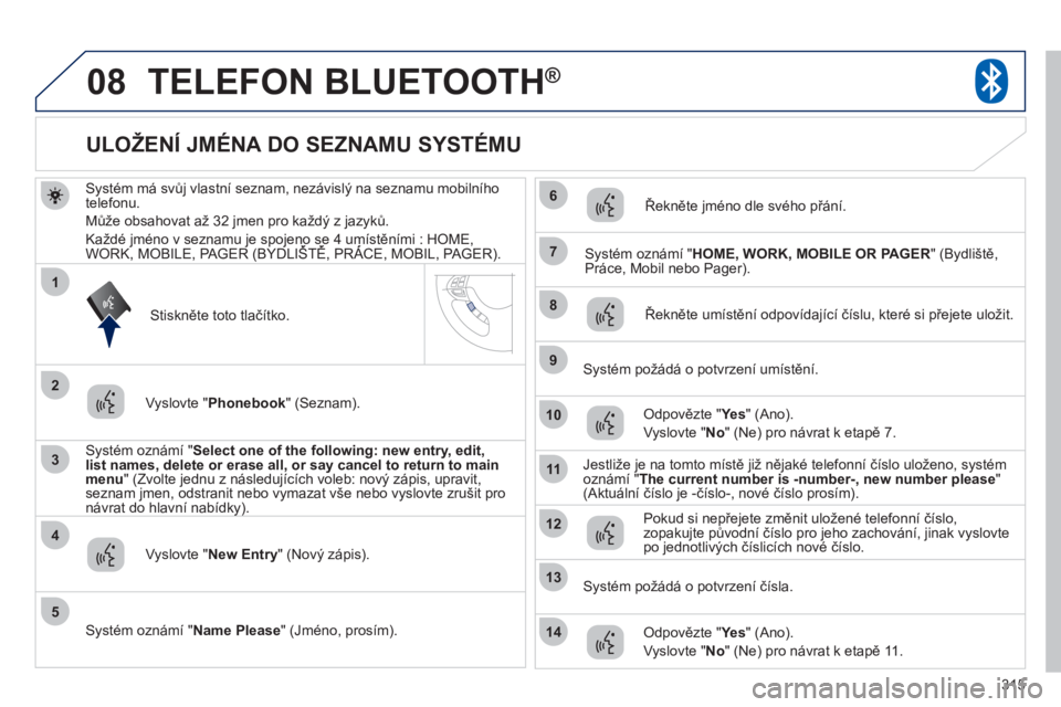 PEUGEOT 4008 2012 Návod na použití (in Czech) 315
08
3
4
7
8
9
10
11
1
2
5
6
12
14
13
TELEFON BLUETOOTH®
Systém má svůj vlastní seznam, nezávislý na seznamu mobilního
telefonu.
Může obsahovat až 32
jmen pro každý z jazyků.
Každé PEUGEOT 4008 2012 Návod na použití (in Czech) 315
08
3
4
7
8
9
10
11
1
2
5
6
12
14
13
TELEFON BLUETOOTH®
Systém má svůj vlastní seznam, nezávislý na seznamu mobilního
telefonu.
Může obsahovat až 32
jmen pro každý z jazyků.
Každé