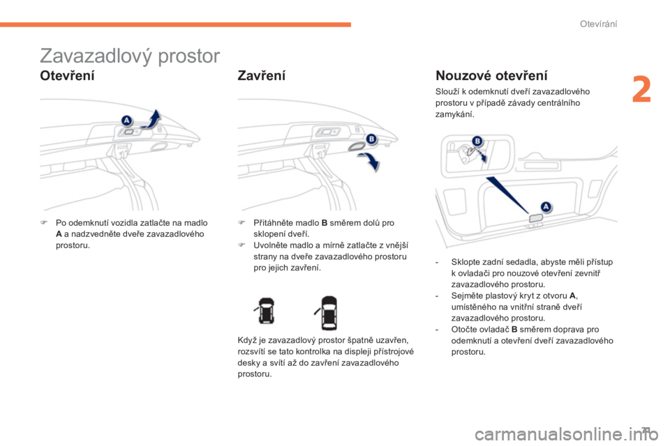 PEUGEOT 4008 2012  Návod na použití (in Czech) 71
2
Otevírání
   
 
 
 
 
 
 
 
 
 
 
Zavazadlový prostor 
 
 
Otevření 
�)Po odemknutí vozidla zatlačte na madloAa nadzvedněte dveře zavazadlovéhoprostoru.
�) 
 Přitáhněte madlo  B 
 s