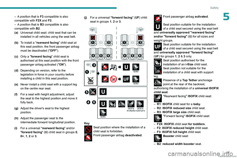 PEUGEOT 408 2023 Owners Manual 89
Safety
5– A position that is F3 compatible is also
compatible with F2X and F2.
–
A
position that is B3 compatible is also
compatible with B2.
(a) Universal child seat: child seat that ca PEUGEOT 408 2023 Owners Manual 89
Safety
5– A position that is F3 compatible is also
compatible with F2X and F2.
–
A
position that is B3 compatible is also
compatible with B2.
(a) Universal child seat: child seat that ca