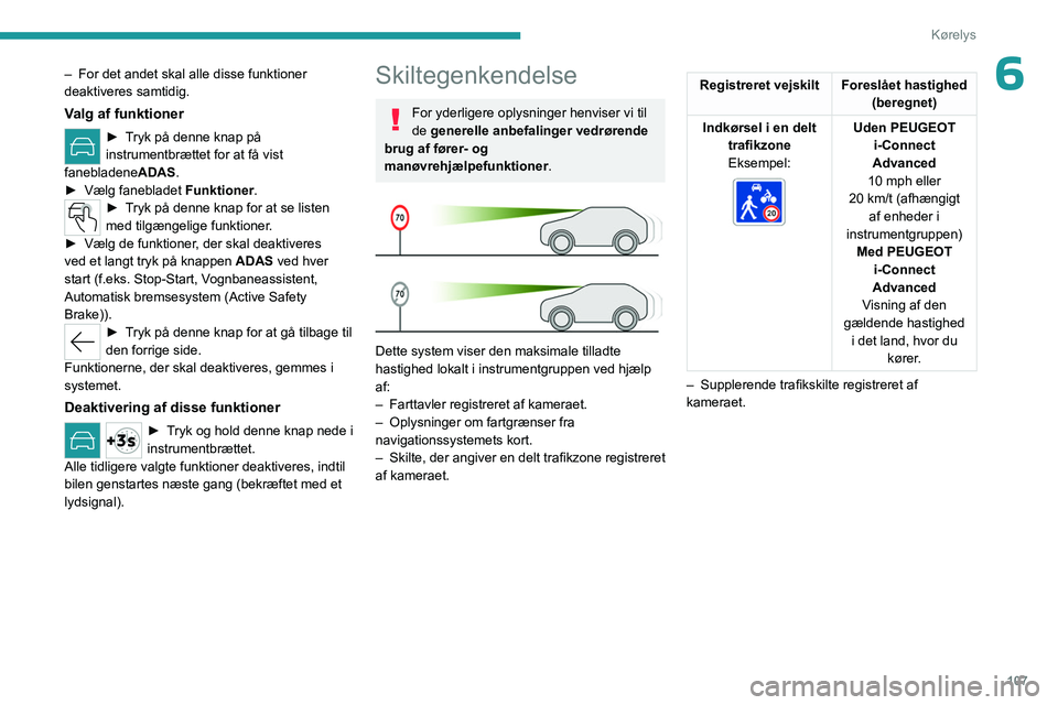 PEUGEOT 408 2023 Brugsanvisning (in Danish) 107
Kørelys
6– For det andet skal alle disse funktioner
deaktiveres samtidig.
Valg af funktioner
► Tryk på denne knap på
instrumentbrættet for at få vist
fanebladene ADAS.
►
Vælg fane PEUGEOT 408 2023 Brugsanvisning (in Danish) 107
Kørelys
6– For det andet skal alle disse funktioner
deaktiveres samtidig.
Valg af funktioner
► Tryk på denne knap på
instrumentbrættet for at få vist
fanebladene ADAS.
►
Vælg fane