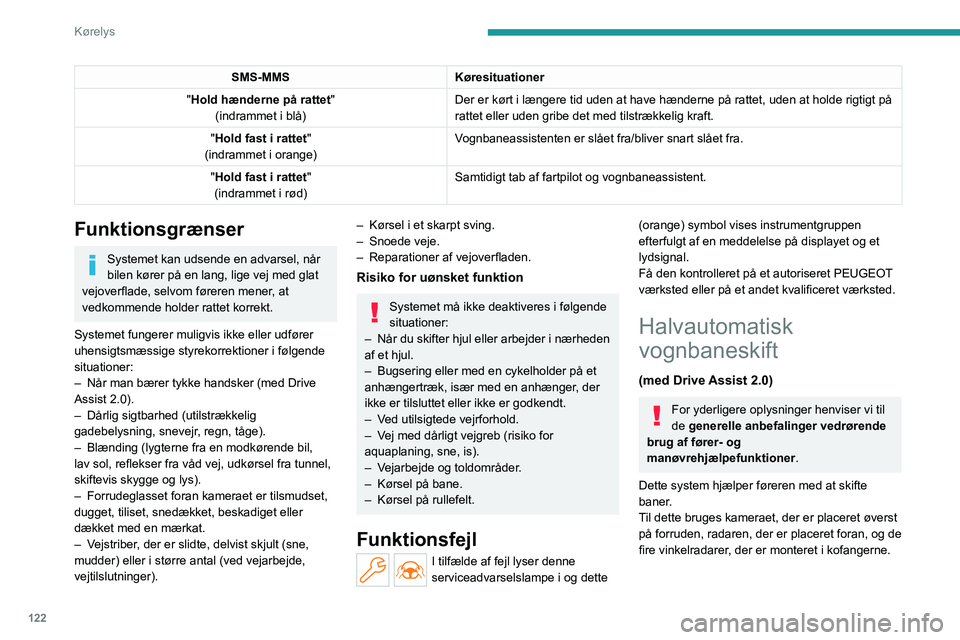 PEUGEOT 408 2023 Brugsanvisning (in Danish) 122
Kørelys
SMS-MMSKøresituationer
"Hold hænderne på rattet" (indrammet i blå) Der er kørt i længere tid uden at have hænderne på rattet, u\
den at holde rigtigt på
rattet eller ude PEUGEOT 408 2023 Brugsanvisning (in Danish) 122
Kørelys
SMS-MMSKøresituationer
"Hold hænderne på rattet" (indrammet i blå) Der er kørt i længere tid uden at have hænderne på rattet, u\
den at holde rigtigt på
rattet eller ude