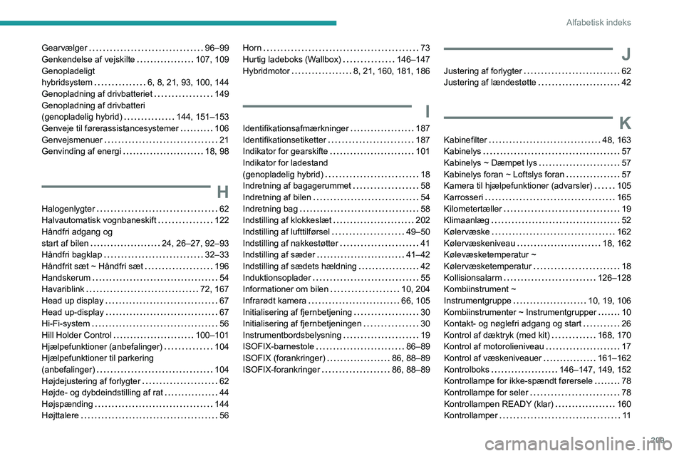 PEUGEOT 408 2023 Brugsanvisning (in Danish) 209
Alfabetisk indeks
Gearvælger 96–99
Genkendelse af vejskilte
107, 109
Genopladeligt
hybridsystem
6, 8, 21, 93, 100, 144
Genopladning af drivbatteriet
149
Genopladning af dri PEUGEOT 408 2023 Brugsanvisning (in Danish) 209
Alfabetisk indeks
Gearvælger 96–99
Genkendelse af vejskilte
107, 109
Genopladeligt
hybridsystem
6, 8, 21, 93, 100, 144
Genopladning af drivbatteriet
149
Genopladning af dri