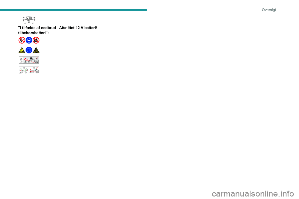 PEUGEOT 408 2023  Brugsanvisning (in Danish) 7
Oversigt
 
"I tilfælde af nedbrud - Afsnittet 12 V-batteri/
tilbehørsbatteri”:
 
 
 
 
 24V12V 
 
    