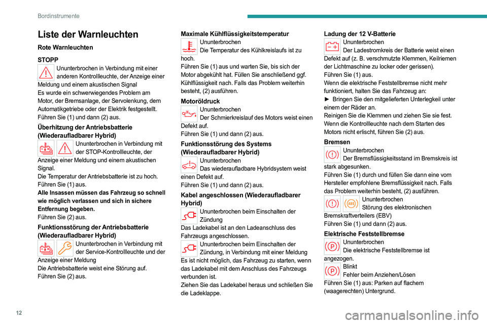 PEUGEOT 408 2023 Betriebsanleitungen (in German) 12
Bordinstrumente
Liste der Warnleuchten
Rote Warnleuchten
STOPP
Ununterbrochen in Verbindung mit einer anderen Kontrollleuchte, der Anzeige einer
Meldung und einem akustischen Signal
Es wurde ein s PEUGEOT 408 2023 Betriebsanleitungen (in German) 12
Bordinstrumente
Liste der Warnleuchten
Rote Warnleuchten
STOPP
Ununterbrochen in Verbindung mit einer anderen Kontrollleuchte, der Anzeige einer
Meldung und einem akustischen Signal
Es wurde ein s