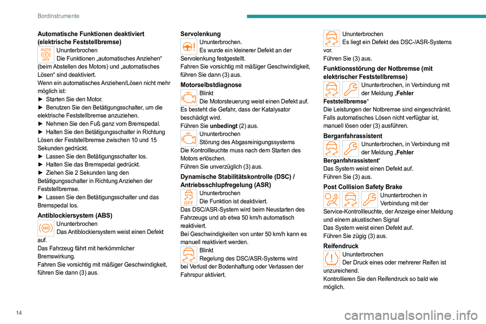 PEUGEOT 408 2023 Betriebsanleitungen (in German) 14
Bordinstrumente
Automatische Funktionen deaktiviert
(elektrische Feststellbremse)
UnunterbrochenDie Funktionen „automatisches Anziehen“
(beim Abstellen des Motors) und „automatisches
Löse PEUGEOT 408 2023 Betriebsanleitungen (in German) 14
Bordinstrumente
Automatische Funktionen deaktiviert
(elektrische Feststellbremse)
UnunterbrochenDie Funktionen „automatisches Anziehen“
(beim Abstellen des Motors) und „automatisches
Löse