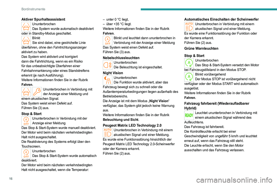 PEUGEOT 408 2023 Betriebsanleitungen (in German) 16
Bordinstrumente
Aktiver SpurhalteassistentUnunterbrochenDas System wurde automatisch deaktiviert
oder in Standby-Modus geschaltet.
Blinkt Sie sind dabei, eine gestrichelte Linie
überfahren, ohne PEUGEOT 408 2023 Betriebsanleitungen (in German) 16
Bordinstrumente
Aktiver SpurhalteassistentUnunterbrochenDas System wurde automatisch deaktiviert
oder in Standby-Modus geschaltet.
Blinkt Sie sind dabei, eine gestrichelte Linie
überfahren, ohne