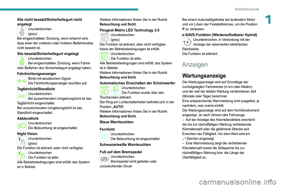 PEUGEOT 408 2023 Betriebsanleitungen (in German) 17
Bordinstrumente
1Sitz nicht besetzt/Sicherheitsgurt nicht
angelegt
Ununterbrochen(grau)
Bei eingeschalteter Zündung, wenn erkannt wird,
dass einer der vorderen oder hinteren Beifahrersitze
nich PEUGEOT 408 2023 Betriebsanleitungen (in German) 17
Bordinstrumente
1Sitz nicht besetzt/Sicherheitsgurt nicht
angelegt
Ununterbrochen(grau)
Bei eingeschalteter Zündung, wenn erkannt wird,
dass einer der vorderen oder hinteren Beifahrersitze
nich