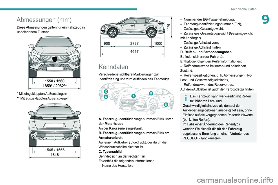 PEUGEOT 408 2023 Betriebsanleitungen (in German) 203
Technische Daten
9Abmessungen (mm)
Diese Abmessungen gelten für ein Fahrzeug in
unbeladenem Zustand.
* Mit eingeklappten Außenspiegeln
** Mit ausgeklappten Außenspiegeln
Kenndate PEUGEOT 408 2023 Betriebsanleitungen (in German) 203
Technische Daten
9Abmessungen (mm)
Diese Abmessungen gelten für ein Fahrzeug in
unbeladenem Zustand.
* Mit eingeklappten Außenspiegeln
** Mit ausgeklappten Außenspiegeln
Kenndate