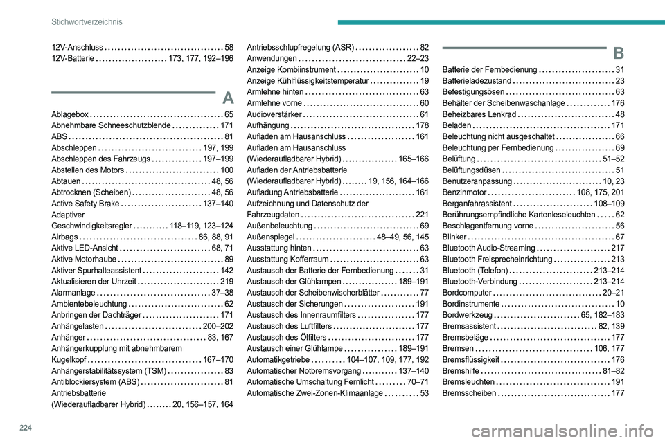 PEUGEOT 408 2023 Betriebsanleitungen (in German) 224
Stichwortverzeichnis
12V-Anschluss 58
12V-Batterie
173, 177, 192–196
A
Ablagebox 65
Abnehmbare Schneeschutzblende
171
ABS
81
Abschleppen
197, 199
Abschleppen des Fahrze PEUGEOT 408 2023 Betriebsanleitungen (in German) 224
Stichwortverzeichnis
12V-Anschluss 58
12V-Batterie
173, 177, 192–196
A
Ablagebox 65
Abnehmbare Schneeschutzblende
171
ABS
81
Abschleppen
197, 199
Abschleppen des Fahrze