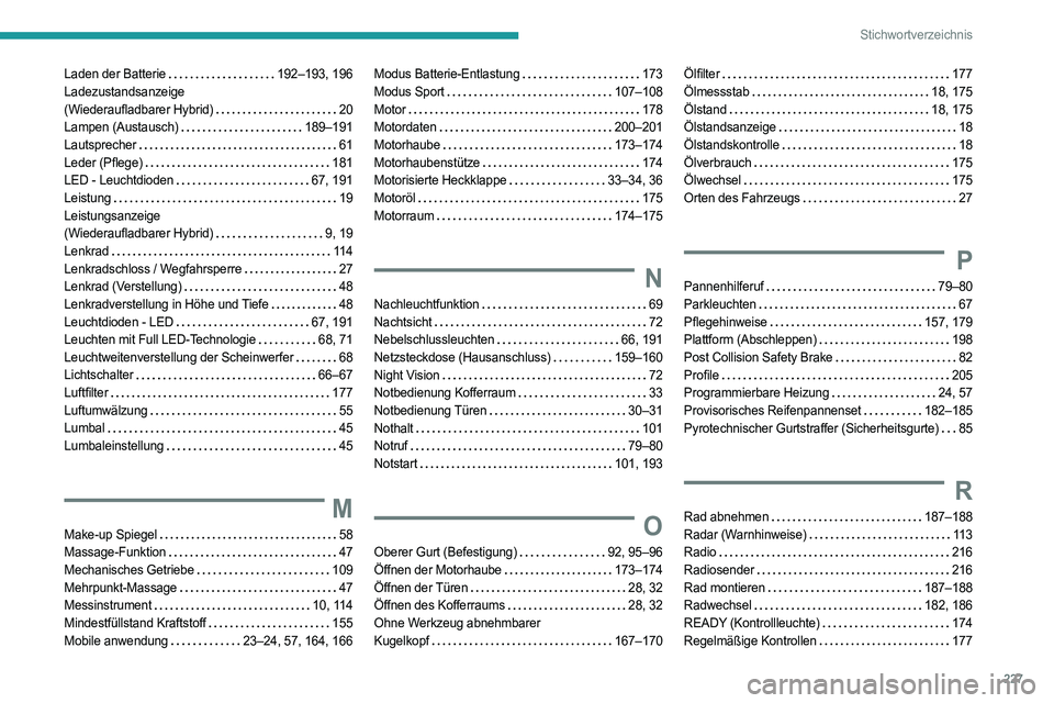 PEUGEOT 408 2023 Betriebsanleitungen (in German) 227
Stichwortverzeichnis
Laden der Batterie 192–193, 196
Ladezustandsanzeige
(Wiederaufladbarer Hybrid)
20
Lampen (Austausch)
189–191
Lautsprecher
61
Leder (Pflege)
181
LE PEUGEOT 408 2023 Betriebsanleitungen (in German) 227
Stichwortverzeichnis
Laden der Batterie 192–193, 196
Ladezustandsanzeige
(Wiederaufladbarer Hybrid)
20
Lampen (Austausch)
189–191
Lautsprecher
61
Leder (Pflege)
181
LE
