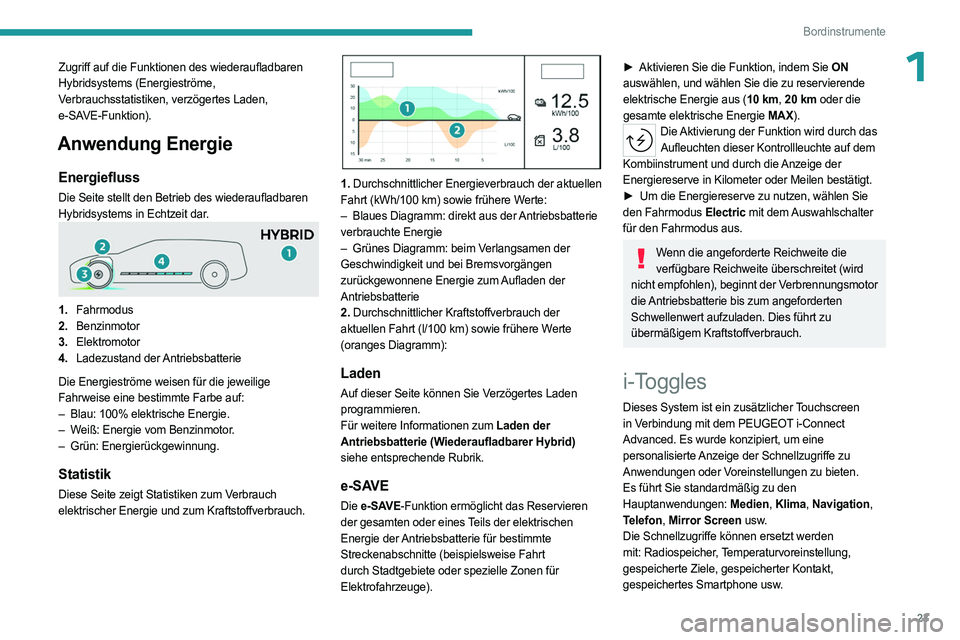 PEUGEOT 408 2023 Betriebsanleitungen (in German) 23
Bordinstrumente
1Zugriff auf die Funktionen des wiederaufladbaren
Hybridsystems (Energieströme,
Verbrauchsstatistiken, verzögertes Laden,
e- SAVE-Funktion).
Anwendung Energie
Energiefluss
Die PEUGEOT 408 2023 Betriebsanleitungen (in German) 23
Bordinstrumente
1Zugriff auf die Funktionen des wiederaufladbaren
Hybridsystems (Energieströme,
Verbrauchsstatistiken, verzögertes Laden,
e- SAVE-Funktion).
Anwendung Energie
Energiefluss
Die
