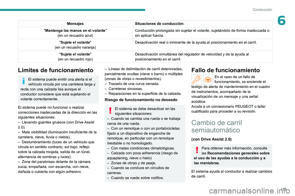 PEUGEOT 408 2023 Manual del propietario (in Spanish) 133
Conducción
6MensajesSituaciones de conducción:
"Mantenga las manos en el volante "
(en un recuadro azul) Conducción prolongada sin sujetar el volante, sujetándolo de forma\
inadecuada PEUGEOT 408 2023 Manual del propietario (in Spanish) 133
Conducción
6MensajesSituaciones de conducción:
"Mantenga las manos en el volante "
(en un recuadro azul) Conducción prolongada sin sujetar el volante, sujetándolo de forma\
inadecuada