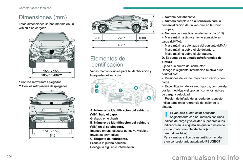 PEUGEOT 408 2023 Manual del propietario (in Spanish) 204
Características técnicas
Dimensiones (mm)
Estas dimensiones se han medido en un
vehículo no cargado.
* Con los retrovisores plegados.
** Con los retrovisores desplegados.
Element PEUGEOT 408 2023 Manual del propietario (in Spanish) 204
Características técnicas
Dimensiones (mm)
Estas dimensiones se han medido en un
vehículo no cargado.
* Con los retrovisores plegados.
** Con los retrovisores desplegados.
Element