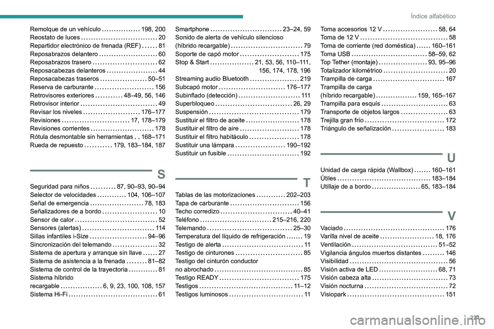 PEUGEOT 408 2023  Manual del propietario (in Spanish) 231
Índice alfabético
Remolque de un vehículo     198, 200
Reostato de luces     
20
Repartidor electrónico de frenada (REF)
    
81
Reposabrazos delantero
    
60
Reposabrazos trasero
    
62
Rep