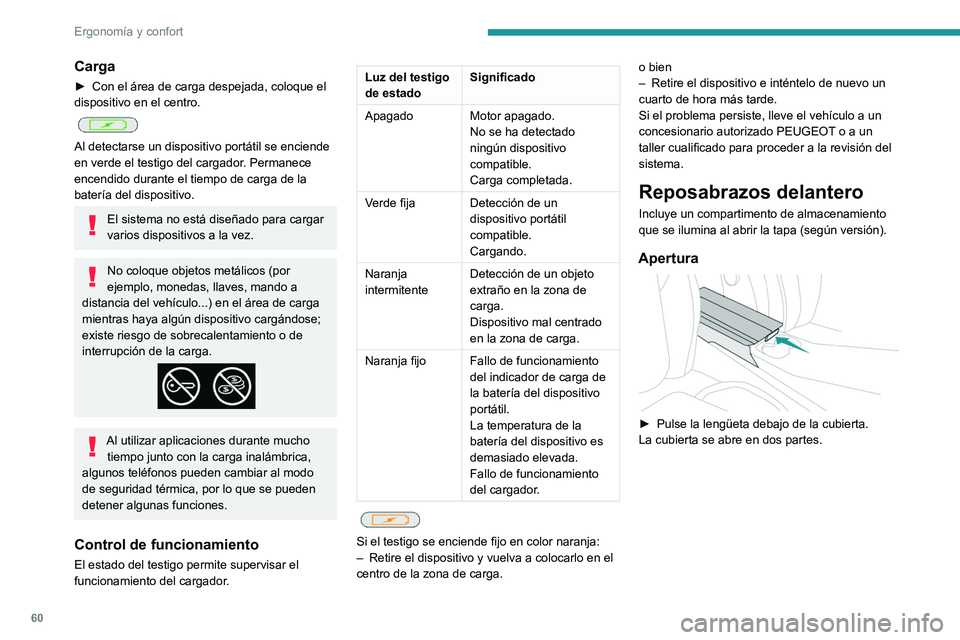 PEUGEOT 408 2023 Manual del propietario (in Spanish) 60
Ergonomía y confort
Carga
► Con el área de carga despejada, coloque el
dispositivo en el centro.
Al detectarse un dispositivo portátil se enciende
en verde el testigo del cargador. Perma PEUGEOT 408 2023 Manual del propietario (in Spanish) 60
Ergonomía y confort
Carga
► Con el área de carga despejada, coloque el
dispositivo en el centro.
Al detectarse un dispositivo portátil se enciende
en verde el testigo del cargador. Perma