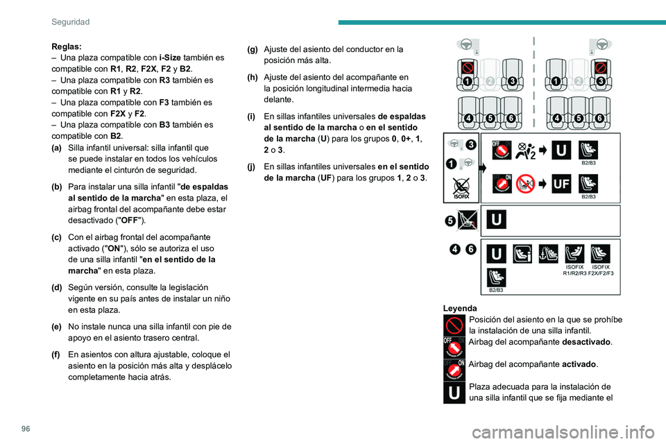PEUGEOT 408 2023  Manual del propietario (in Spanish) 96
Seguridad
Reglas:
– Una plaza compatible con  i-Size
 también es 
compatible con  R1, R2, F2X, F2 y B2.
–
 
Una plaza compatible con  R3

 también es 
compatible con  R1 y R2.
–
 
Una plaza
