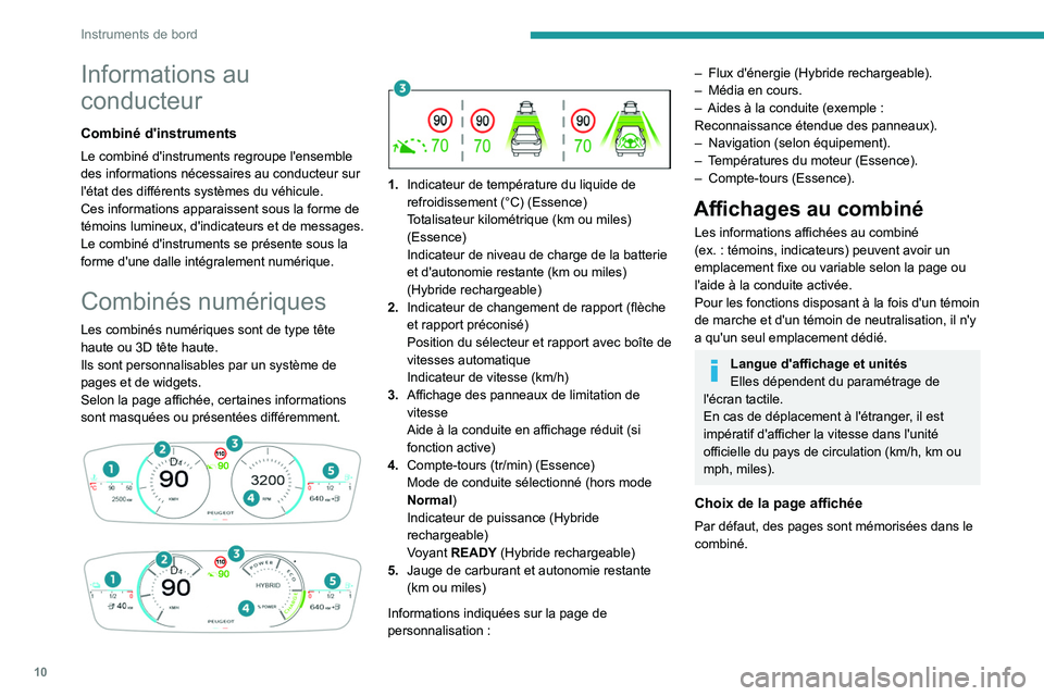 PEUGEOT 408 2023  Manuel du propriétaire (in French) 10
Instruments de bord
Informations au 
conducteur
Combiné d'instruments
Le combiné d'instruments regroupe l'ensemble 
des informations nécessaires au conducteur sur 
l'état des di