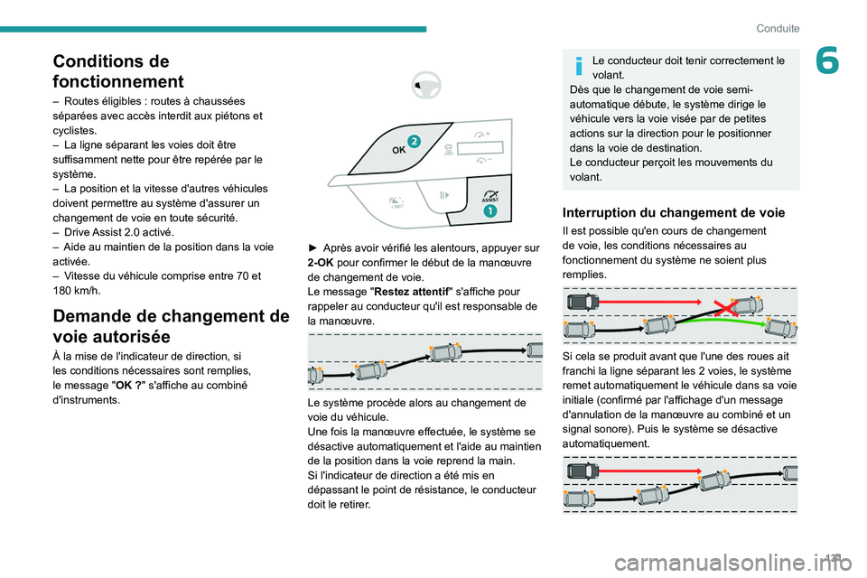PEUGEOT 408 2023 Manuel du propriétaire (in French) 131
Conduite
6Conditions de
fonctionnement
– Routes éligibles : routes à chaussées
séparées avec accès interdit aux piétons et
cyclistes.
–
La ligne séparant les voies doit être
su PEUGEOT 408 2023 Manuel du propriétaire (in French) 131
Conduite
6Conditions de
fonctionnement
– Routes éligibles : routes à chaussées
séparées avec accès interdit aux piétons et
cyclistes.
–
La ligne séparant les voies doit être
su
