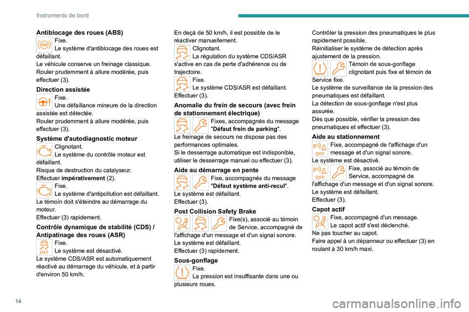 PEUGEOT 408 2023  Manuel du propriétaire (in French) 14
Instruments de bord
Antiblocage des roues (ABS)Fixe.
Le système d'antiblocage des roues est 
défaillant.
Le véhicule conserve un freinage classique.
Rouler prudemment à allure modérée, pu