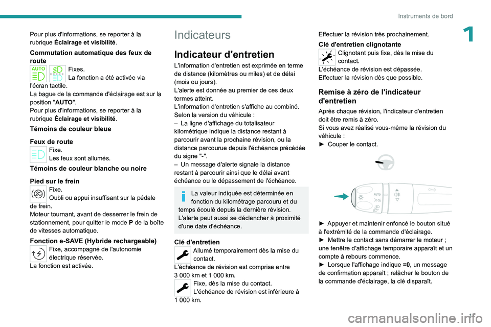 PEUGEOT 408 2023  Manuel du propriétaire (in French) 17
Instruments de bord
1Pour plus d'informations, se reporter à la 
rubrique Éclairage et visibilité.
Commutation automatique des feux de 
route
Fixes.
La fonction a été activée via 
l'�