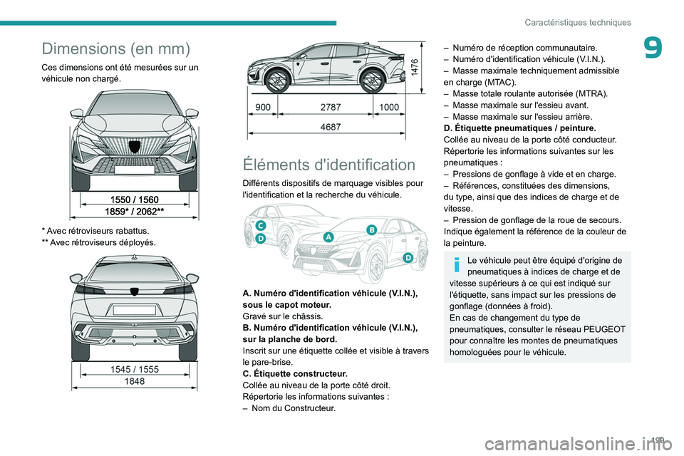 PEUGEOT 408 2023 Manuel du propriétaire (in French) 199
Caractéristiques techniques
9Dimensions (en mm)
Ces dimensions ont été mesurées sur un
véhicule non chargé.
* Avec rétroviseurs rabattus.
** A vec rétroviseurs déployés.
É PEUGEOT 408 2023 Manuel du propriétaire (in French) 199
Caractéristiques techniques
9Dimensions (en mm)
Ces dimensions ont été mesurées sur un
véhicule non chargé.
* Avec rétroviseurs rabattus.
** A vec rétroviseurs déployés.
É