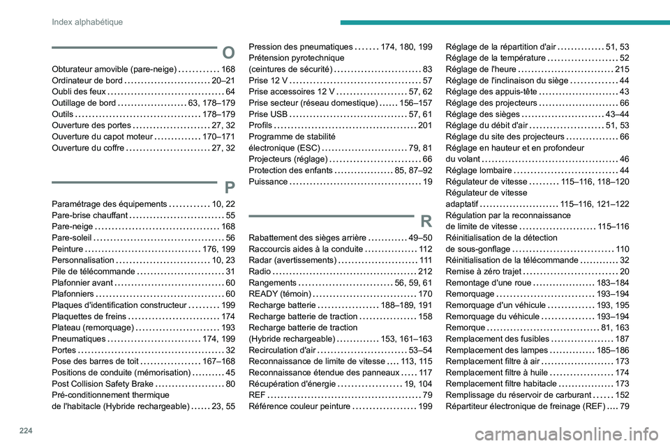 PEUGEOT 408 2023 Manuel du propriétaire (in French) 224
Index alphabétique
O
Obturateur amovible (pare-neige) 168
Ordinateur de bord
20–21
Oubli des feux
64
Outillage de bord
63, 178–179
Outils
178–179
Ouverture des porte PEUGEOT 408 2023 Manuel du propriétaire (in French) 224
Index alphabétique
O
Obturateur amovible (pare-neige) 168
Ordinateur de bord
20–21
Oubli des feux
64
Outillage de bord
63, 178–179
Outils
178–179
Ouverture des porte