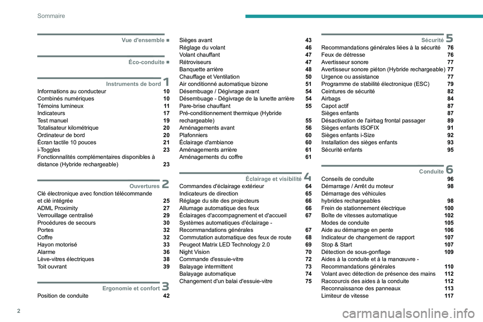 PEUGEOT 408 2023  Manuel du propriétaire (in French) 2
Sommaire
  ■
Vue d'ensemble
  ■
Éco-conduite
 1Instruments de bordInformations au conducteur  10
Combinés numériques  10
Témoins lumineux  11
Indicateurs  17
Test manuel  19
Totali