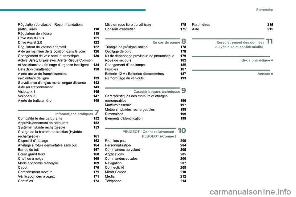 PEUGEOT 408 2023  Manuel du propriétaire (in French) 3
Sommaire
Régulation de vitesse - Recommandations 
particulières  11 8
Régulateur de vitesse  11 9
Drive Assist  Plus  121
Drive Assist  2.0  122
Régulateur de vitesse adaptatif  122
Aide au main