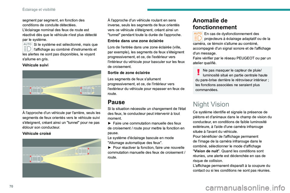 PEUGEOT 408 2023 Manuel du propriétaire (in French) 70
Éclairage et visibilité
segment par segment, en fonction des
conditions de conduite détectées.
L'éclairage nominal des feux de route est
réactivé dès que le véhicule n'est plus d PEUGEOT 408 2023 Manuel du propriétaire (in French) 70
Éclairage et visibilité
segment par segment, en fonction des
conditions de conduite détectées.
L'éclairage nominal des feux de route est
réactivé dès que le véhicule n'est plus d