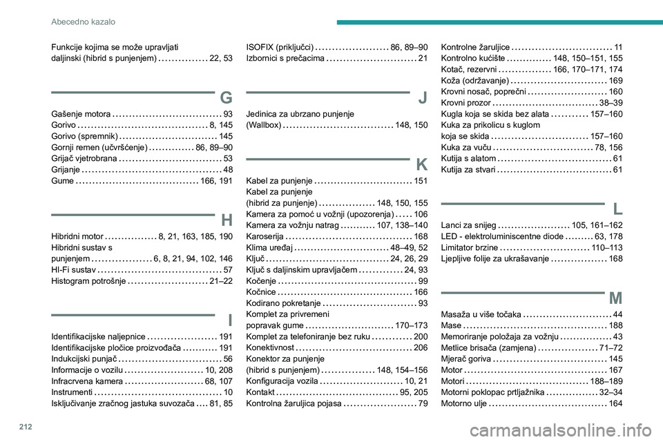 PEUGEOT 408 2023 Upute Za Rukovanje (in Croatian) 212
Abecedno kazalo
Funkcije kojima se može upravljati
daljinski (hibrid s punjenjem)
22, 53
G
Gašenje motora 93
Gorivo
8, 145
Gorivo (spremnik)
145
Gornji remen (učvršćenje) PEUGEOT 408 2023 Upute Za Rukovanje (in Croatian) 212
Abecedno kazalo
Funkcije kojima se može upravljati
daljinski (hibrid s punjenjem)
22, 53
G
Gašenje motora 93
Gorivo
8, 145
Gorivo (spremnik)
145
Gornji remen (učvršćenje)