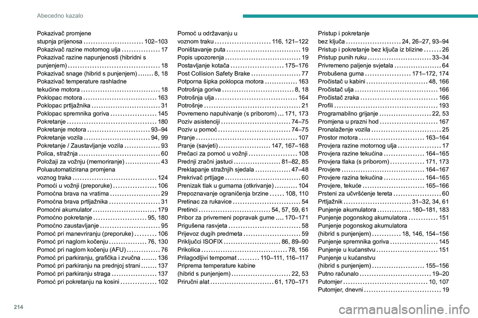 PEUGEOT 408 2023 Upute Za Rukovanje (in Croatian) 214
Abecedno kazalo
Pokazivač promjene
stupnja prijenosa
102–103
Pokazivač razine motornog ulja
17
Pokazivač razine napunjenosti (hibridni s
punjenjem)
18
Pokazivač snage (hibr PEUGEOT 408 2023 Upute Za Rukovanje (in Croatian) 214
Abecedno kazalo
Pokazivač promjene
stupnja prijenosa
102–103
Pokazivač razine motornog ulja
17
Pokazivač razine napunjenosti (hibridni s
punjenjem)
18
Pokazivač snage (hibr