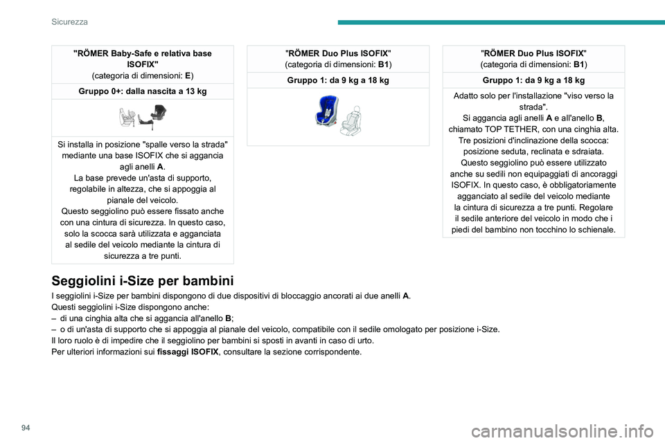 PEUGEOT 408 2023 Manuale duso (in Italian) 94
Sicurezza
"RÖMER Baby-Safe e relativa base ISOFIX"
(categoria di dimensioni: E)
Gruppo 0+: dalla nascita a 13
kg
Si installa in posizione "spalle verso la strada" mediante u PEUGEOT 408 2023 Manuale duso (in Italian) 94
Sicurezza
"RÖMER Baby-Safe e relativa base ISOFIX"
(categoria di dimensioni: E)
Gruppo 0+: dalla nascita a 13
kg
Si installa in posizione "spalle verso la strada" mediante u