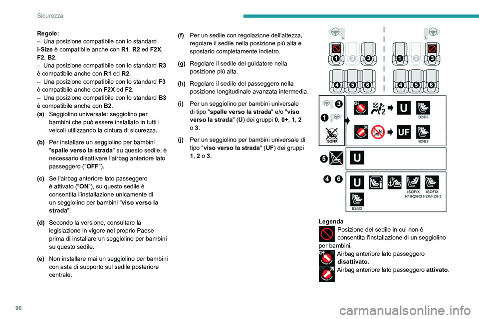 PEUGEOT 408 2023 Manuale duso (in Italian) 96
Sicurezza
Regole:
– Una posizione compatibile con lo standard
i-Size
è compatibile anche con R1, R2 ed F2X,
F2, B2.
–
Una posizione compatibile con lo standard R3
è compatibile anch PEUGEOT 408 2023 Manuale duso (in Italian) 96
Sicurezza
Regole:
– Una posizione compatibile con lo standard
i-Size
è compatibile anche con R1, R2 ed F2X,
F2, B2.
–
Una posizione compatibile con lo standard R3
è compatibile anch