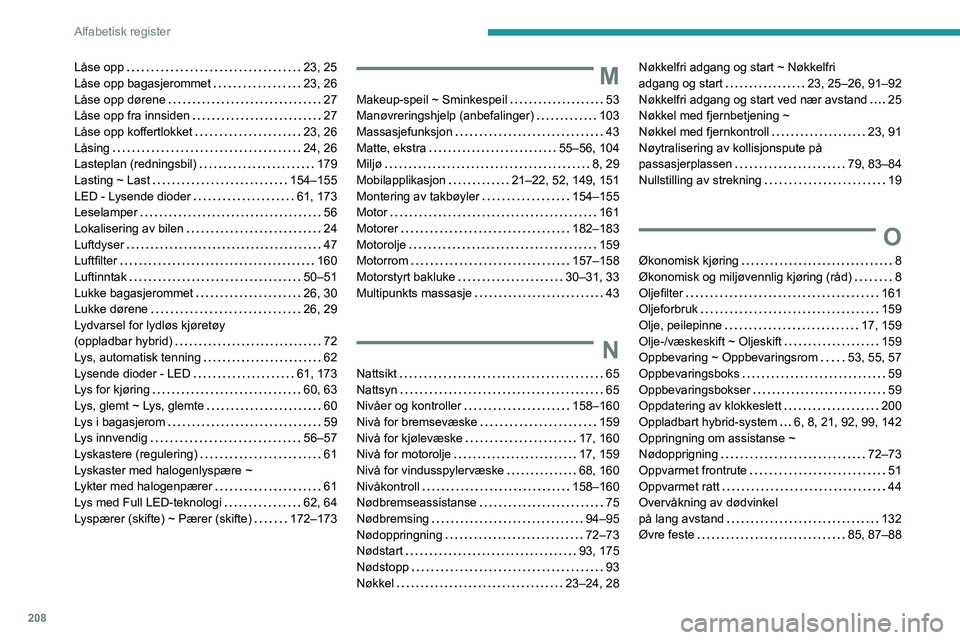 PEUGEOT 408 2023  Instruksjoner for bruk (in Norwegian) 208
Alfabetisk register
Låse opp     23, 25
Låse opp bagasjerommet     
23, 26
Låse opp dørene
    
27
Låse opp fra innsiden
    
27
Låse opp koffertlokket
    
23, 26
Låsing
    
24, 26
Lastep