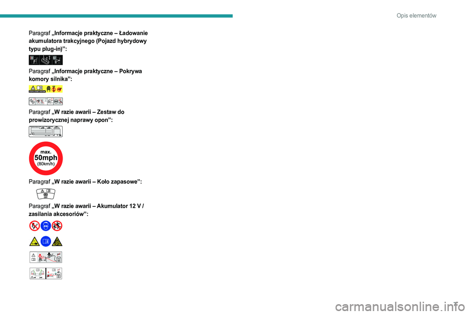 PEUGEOT 408 2023  Instrukcja obsługi (in Polish) 7
Opis elementów
Paragraf „Informacje praktyczne – Ładowanie 
akumulatora trakcyjnego (Pojazd hybrydowy 
typu plug-in)”:
 
 
Paragraf „Informacje praktyczne – Pokrywa 
komory silnika”:
 