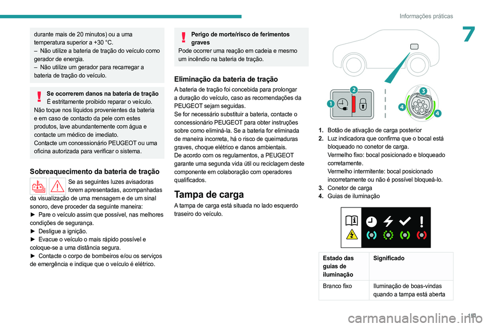PEUGEOT 408 2023  Manual de utilização (in Portuguese) 151
Informações práticas
7durante mais de 20 minutos) ou a uma 
temperatura superior a +30 °C.
– 
Não utilize a bateria de tração do veículo como
  
gerador de energia.
–
 
Não utilize um