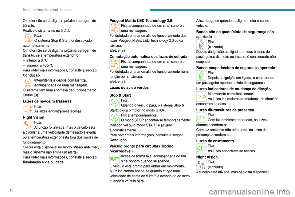 PEUGEOT 408 2023 Manual de utilização (in Portuguese) 16
Instrumentos do painel de bordo
O motor não se desliga na próxima paragem de
trânsito.
Reative o sistema no ecrã tátil.
Fixa.O sistema Stop & Start foi desativado
automaticamente.
O motor n PEUGEOT 408 2023 Manual de utilização (in Portuguese) 16
Instrumentos do painel de bordo
O motor não se desliga na próxima paragem de
trânsito.
Reative o sistema no ecrã tátil.
Fixa.O sistema Stop & Start foi desativado
automaticamente.
O motor n