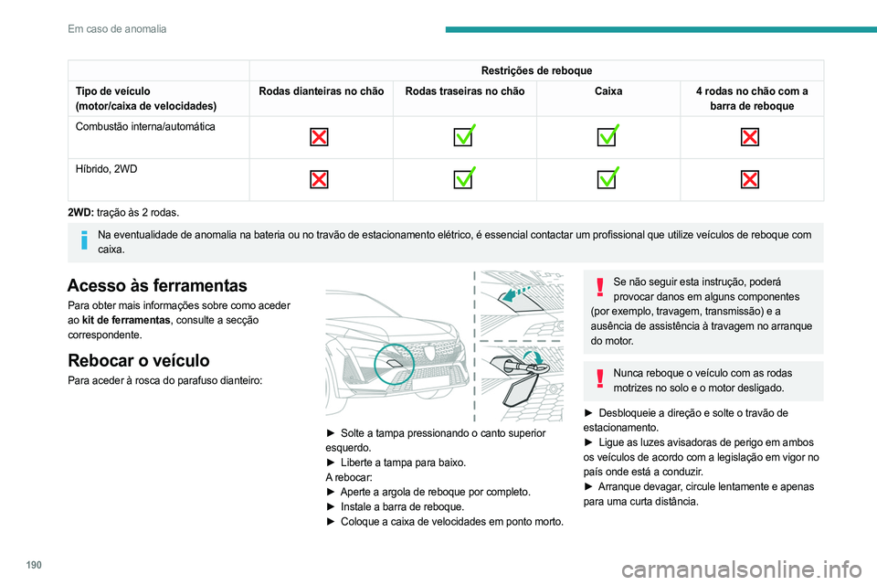 PEUGEOT 408 2023 Manual de utilização (in Portuguese) 190
Em caso de anomalia
Restrições de reboque
Tipo de veículo
(motor/caixa de velocidades) Rodas dianteiras no chão Rodas traseiras no chão
Caixa4 rodas no chão com a
barra de reboque
Combustã PEUGEOT 408 2023 Manual de utilização (in Portuguese) 190
Em caso de anomalia
Restrições de reboque
Tipo de veículo
(motor/caixa de velocidades) Rodas dianteiras no chão Rodas traseiras no chão
Caixa4 rodas no chão com a
barra de reboque
Combustã