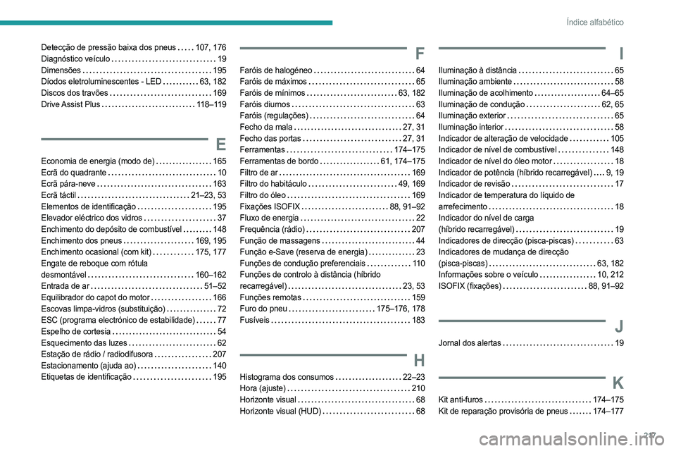 PEUGEOT 408 2023 Manual de utilização (in Portuguese) 217
Índice alfabético
Detecção de pressão baixa dos pneus 107, 176
Diagnóstico veículo
19
Dimensões
195
Díodos eletroluminescentes - LED
63, 182
Discos dos travões
169
PEUGEOT 408 2023 Manual de utilização (in Portuguese) 217
Índice alfabético
Detecção de pressão baixa dos pneus 107, 176
Diagnóstico veículo
19
Dimensões
195
Díodos eletroluminescentes - LED
63, 182
Discos dos travões
169