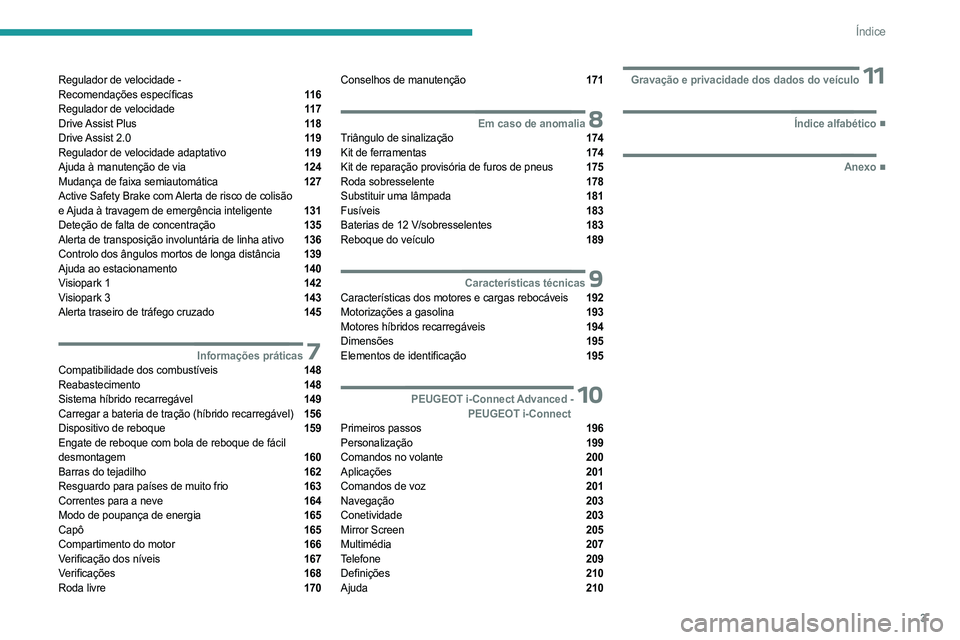 PEUGEOT 408 2023  Manual de utilização (in Portuguese) 3
Índice
Regulador de velocidade -  
Recomendações específicas  11 6
Regulador de velocidade  11 7
Drive Assist  Plus  11 8
Drive Assist  2.0  11 9
Regulador de velocidade adaptativo  11 9
Ajuda �