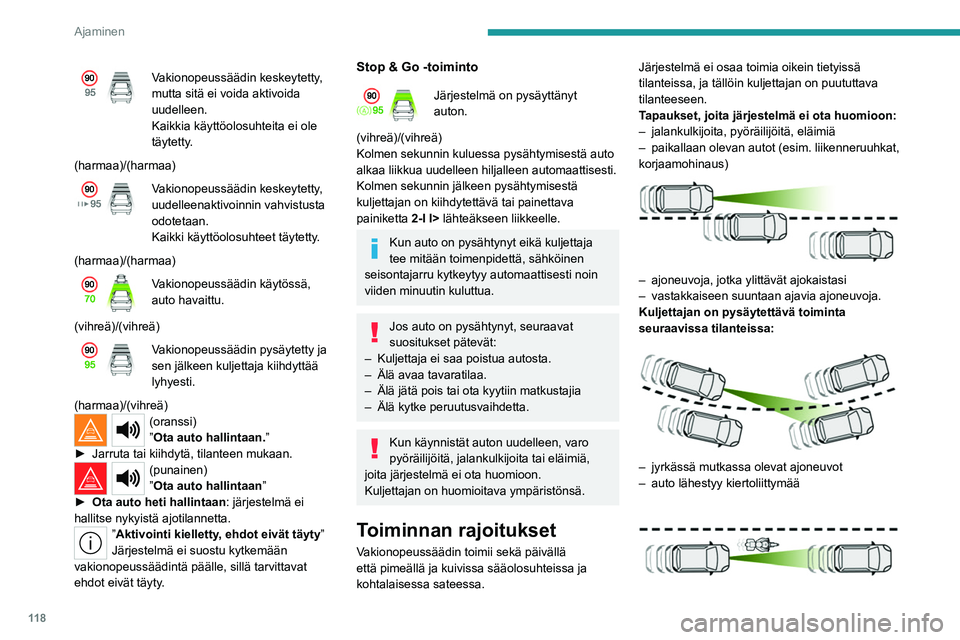 PEUGEOT 408 2023 Omistajan Käsikirja (in Finnish) 11 8
Ajaminen
Vakionopeussäädin keskeytetty,
mutta sitä ei voida aktivoida
uudelleen.
Kaikkia käyttöolosuhteita ei ole
täytetty.
(harmaa)/(harmaa)
Vakionopeussäädin keskeytetty,
uudelleena PEUGEOT 408 2023 Omistajan Käsikirja (in Finnish) 11 8
Ajaminen
Vakionopeussäädin keskeytetty,
mutta sitä ei voida aktivoida
uudelleen.
Kaikkia käyttöolosuhteita ei ole
täytetty.
(harmaa)/(harmaa)
Vakionopeussäädin keskeytetty,
uudelleena
