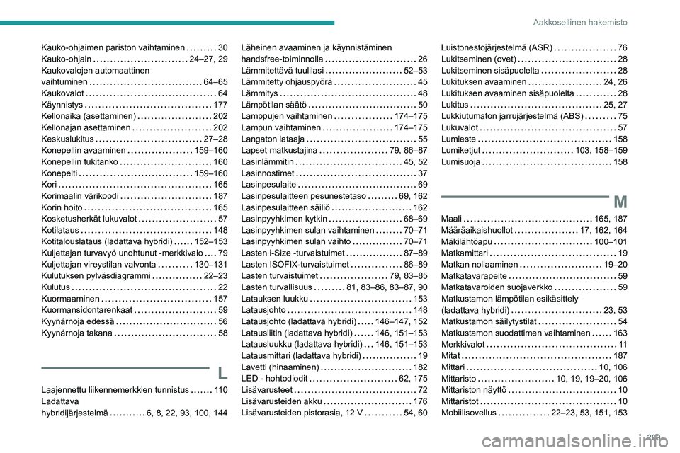 PEUGEOT 408 2023 Omistajan Käsikirja (in Finnish) 209
Aakkosellinen hakemisto
Kauko-ohjaimen pariston vaihtaminen 30
Kauko-ohjain
24–27, 29
Kaukovalojen automaattinen
vaihtuminen
64–65
Kaukovalot
64
Käynnistys
177
Kello PEUGEOT 408 2023 Omistajan Käsikirja (in Finnish) 209
Aakkosellinen hakemisto
Kauko-ohjaimen pariston vaihtaminen 30
Kauko-ohjain
24–27, 29
Kaukovalojen automaattinen
vaihtuminen
64–65
Kaukovalot
64
Käynnistys
177
Kello
