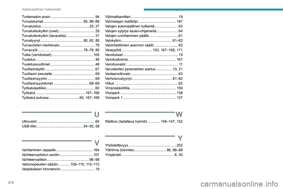 PEUGEOT 408 2023 Omistajan Käsikirja (in Finnish) 212
Aakkosellinen hakemisto
Tuntematon avain 94
Turvaistuimet
85, 88–89
Turvalukitus
25, 27
Turvalukkokytkin (ovet)
29
Turvalukkokytkin (tavaratila)
31
Turvatyynyt
80, 82 PEUGEOT 408 2023 Omistajan Käsikirja (in Finnish) 212
Aakkosellinen hakemisto
Tuntematon avain 94
Turvaistuimet
85, 88–89
Turvalukitus
25, 27
Turvalukkokytkin (ovet)
29
Turvalukkokytkin (tavaratila)
31
Turvatyynyt
80, 82