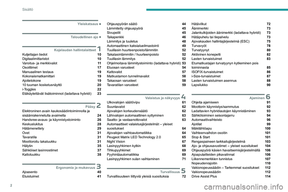 PEUGEOT 408 2023  Omistajan Käsikirja (in Finnish) 2
Sisältö
  ■
Yleiskatsaus
  ■
Taloudellinen ajo
 1Kojelaudan hallintalaitteetKuljettajan tiedot  10
Digitaalimittaristot  10
Varoitus- ja merkkivalot  11
Osoittimet  17
Manuaalinen testau