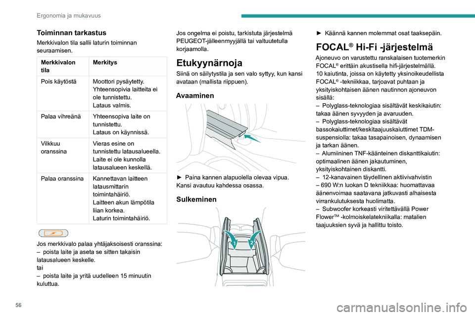 PEUGEOT 408 2023 Omistajan Käsikirja (in Finnish) 56
Ergonomia ja mukavuus
Toiminnan tarkastus
Merkkivalon tila sallii laturin toiminnan
seuraamisen.
Merkkivalon
tilaMerkitys
Pois käytöstä Moottori pysäytetty. Yhteensopivia laitteita ei
ole tu PEUGEOT 408 2023 Omistajan Käsikirja (in Finnish) 56
Ergonomia ja mukavuus
Toiminnan tarkastus
Merkkivalon tila sallii laturin toiminnan
seuraamisen.
Merkkivalon
tilaMerkitys
Pois käytöstä Moottori pysäytetty. Yhteensopivia laitteita ei
ole tu