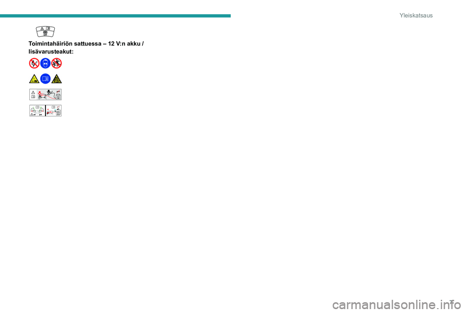 PEUGEOT 408 2023  Omistajan Käsikirja (in Finnish) 7
Yleiskatsaus
 
Toimintahäiriön sattuessa – 12 V:n akku / 
lisävarusteakut:
 
 
 
 
 24V12V 
 
    