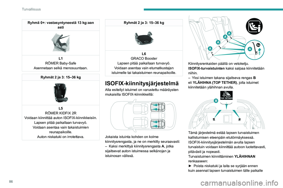 PEUGEOT 408 2023 Omistajan Käsikirja (in Finnish) 86
Turvallisuus
Ryhmä 0+: vastasyntyneestä 13 kg:aan asti
L1
RÖMER Baby-Safe
Asennetaan selkä menosuuntaan.
Ryhmät 2 ja 3: 15–36 kg
L5
RÖMER KIDFIX 2R
Voidaan kiinnittää auton ISOFIX- PEUGEOT 408 2023 Omistajan Käsikirja (in Finnish) 86
Turvallisuus
Ryhmä 0+: vastasyntyneestä 13 kg:aan asti
L1
RÖMER Baby-Safe
Asennetaan selkä menosuuntaan.
Ryhmät 2 ja 3: 15–36 kg
L5
RÖMER KIDFIX 2R
Voidaan kiinnittää auton ISOFIX-